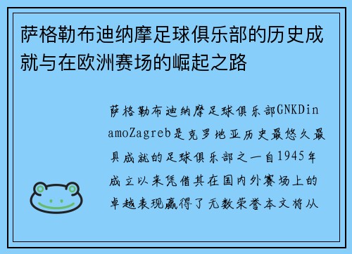 萨格勒布迪纳摩足球俱乐部的历史成就与在欧洲赛场的崛起之路